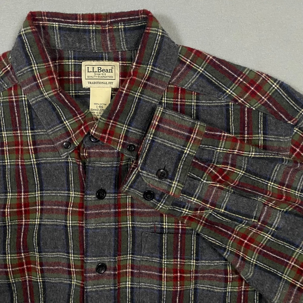 LL Bean Mens Flannel Shirt Large Gray Red Plaid Traditional Fit Cotton 228061